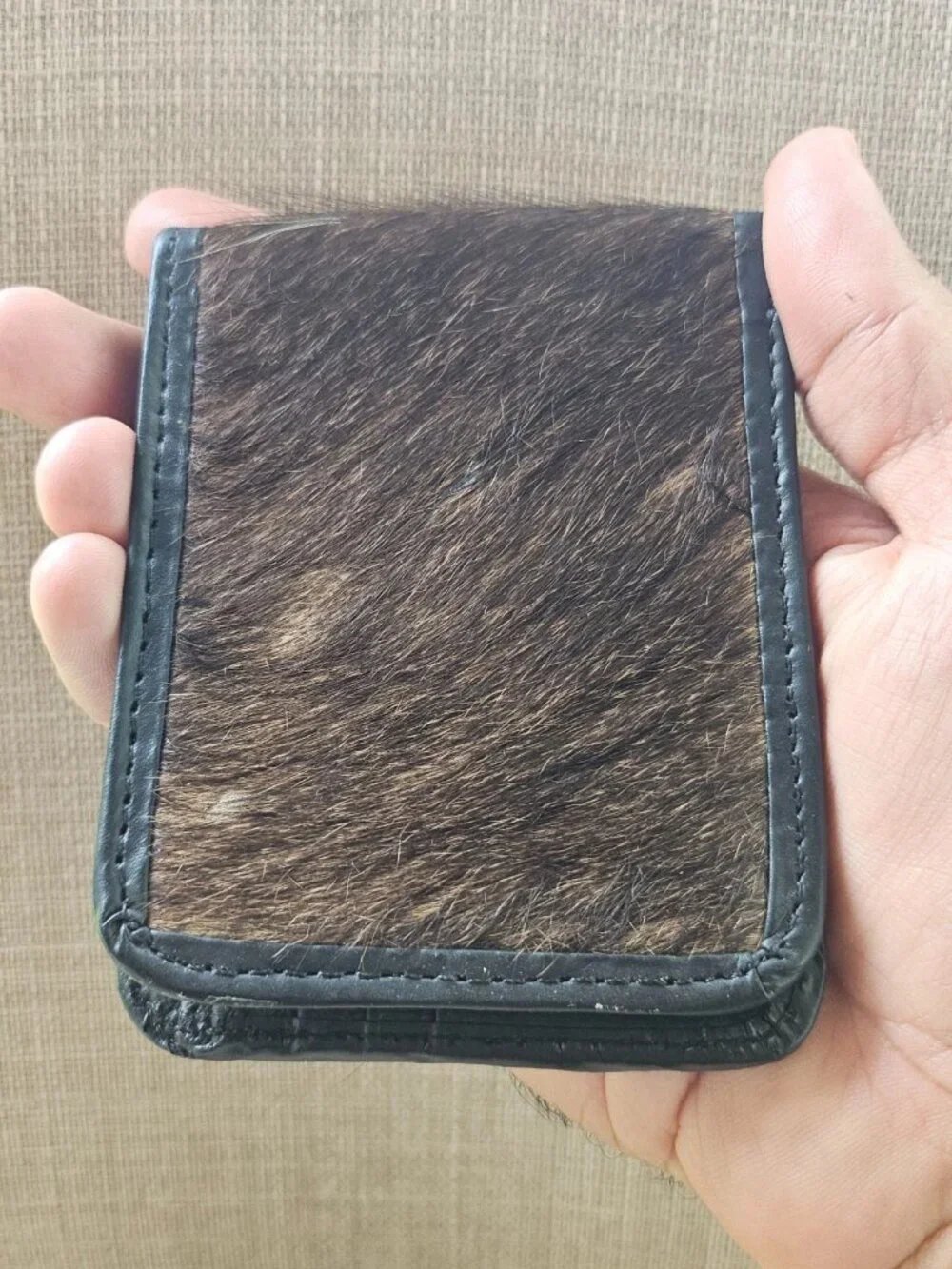 Fur Billfold Wallet Black Genuine Leather Real Fur Hair Cardholder Handmade
